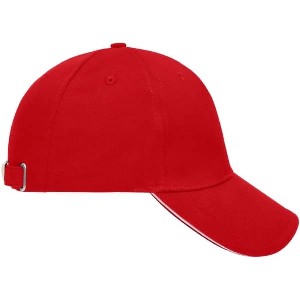 A red 5 panel sandwich cap with a curved brim and an adjustable strap at the back, featuring a logo.