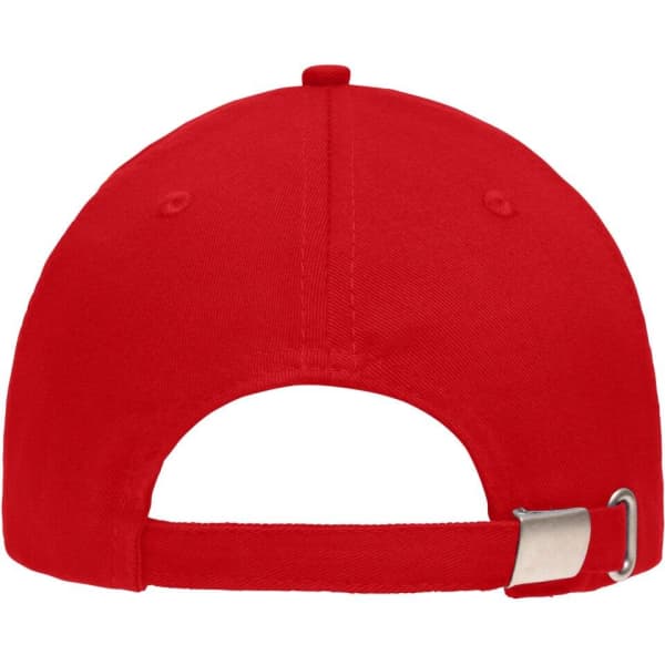 A red 5 panel sandwich cap with an adjustable strap and a logo on the back.