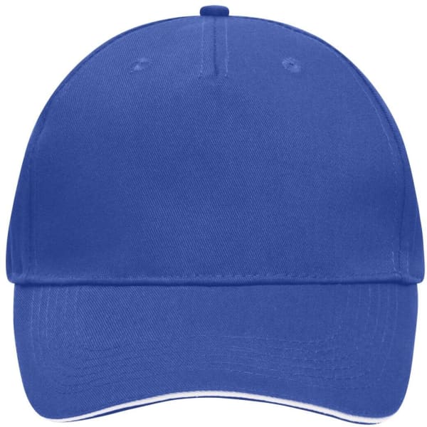 A blue 5-panel sandwich cap with a front peak and an internal logo.