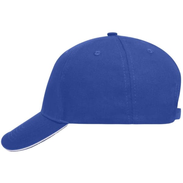 A blue 5 Panel Sandwich Cap with a curved brim and an adjustable strap, featuring a logo.