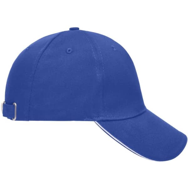 A blue 5 Panel Sandwich Cap featuring a curved peak and an adjustable strap at the back.
