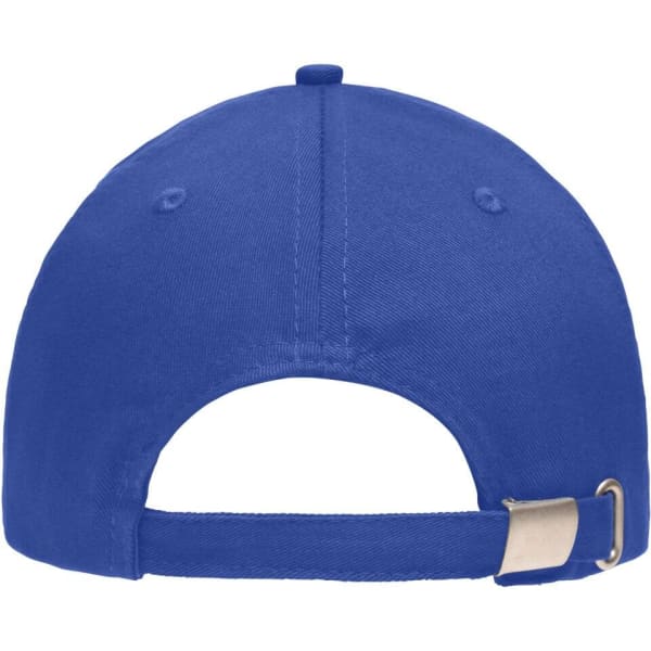 A blue 5 Panel Sandwich Cap featuring an adjustable strap and a logo on the back.