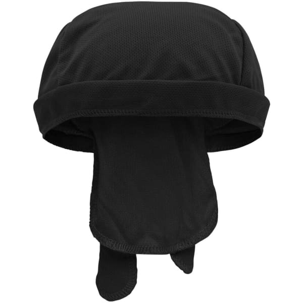 A black functional bandana hat with a lightweight design and an attached neck flap for added coverage.