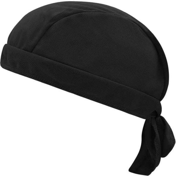 A black bandana hat with a tied back section and a smooth fabric finish. It features a logo on the front.