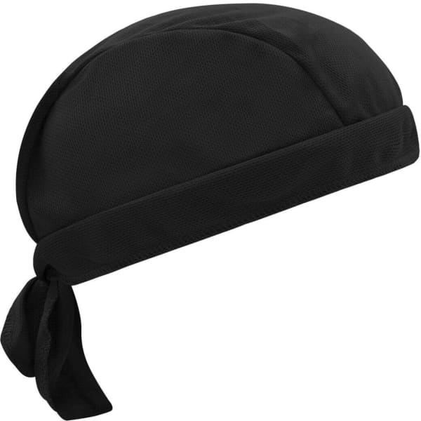 A black bandana hat featuring a tied back design and a smooth texture, with a logo displayed.