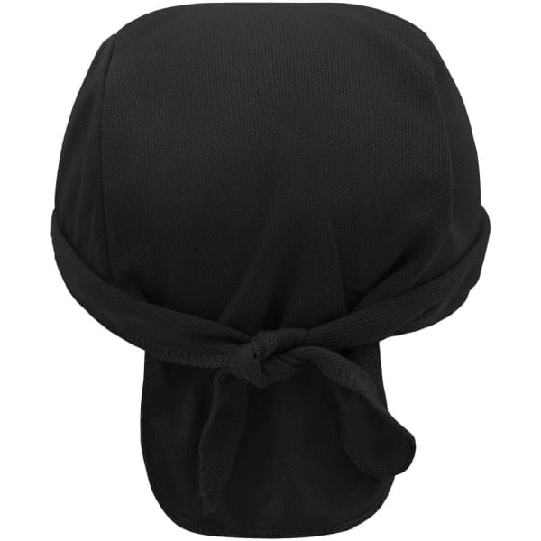 A black Functional Bandana Hat with a tied back design and a textured finish, featuring a logo.