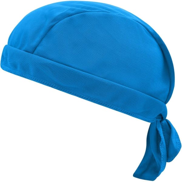 A blue bandana hat made of breathable fabric, featuring a tied section at the back and a smooth front.