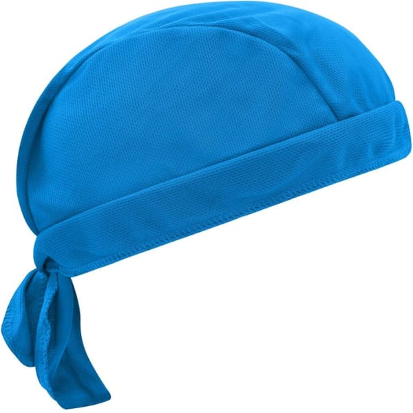 A blue bandana hat made from lightweight fabric, featuring a tied back design and smooth texture.