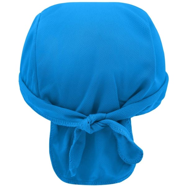 A blue Functional Bandana Hat with a tied back design, made from breathable material and featuring a logo.