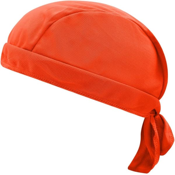 An orange bandana hat with a tied back, designed for headwear. The material appears lightweight and breathable.