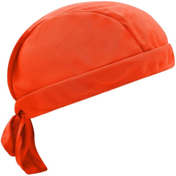 An orange functional bandana hat with a tied back design, made from lightweight fabric and featuring a logo.