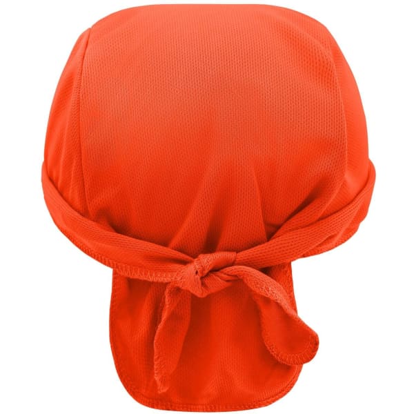 An orange functional bandana hat with a tied back and breathable material, featuring a logo.