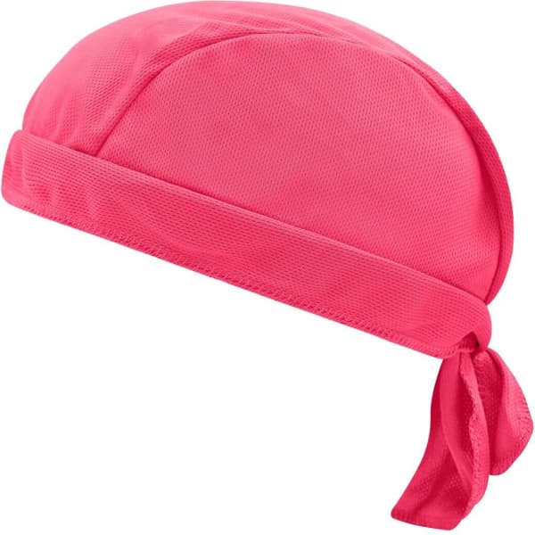 A pink Functional Bandana Hat made from breathable fabric, featuring a tied back design. It includes a branding logo.
