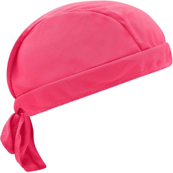 A pink Functional Bandana Hat featuring a stylish tie at the back and a logo on the side.