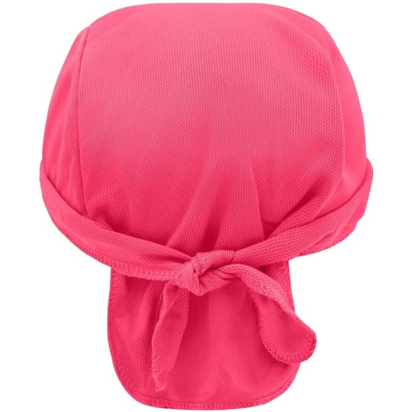 A bright pink bandana hat with a tied back design, featuring a breathable fabric and a logo.