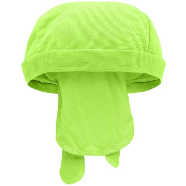 A functional bandana hat in bright green with a mesh design and ties at the back. It features a logo.
