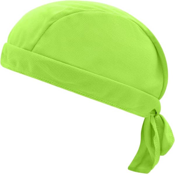 A bright lime green functional bandana hat with a tied back design and soft fabric. Features a logo on the side.