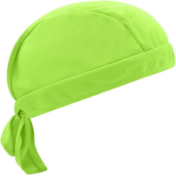 A bright green bandana hat with a tied strap at the back, featuring a textured design and a logo.