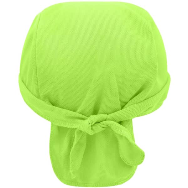 A vibrant green bandana hat with a tied back design and a logo. Ideal for outdoor wear.