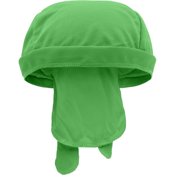 A green Functional Bandana Hat with a breathable design and extended fabric for protection. It features a logo.