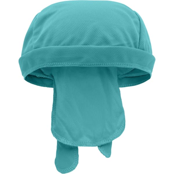 A functional bandana hat in a bright turquoise colour, featuring a breathable mesh design and trailing ties at the back.