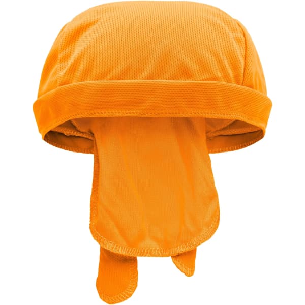 An orange Functional Bandana Hat featuring a breathable design and ties at the back. It includes a logo.