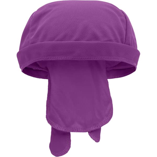 A purple Functional Bandana Hat with a mesh top and long ties at the back. It features a logo on the front.