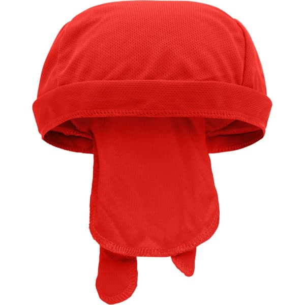 A red bandana hat with a protective design and a long tail at the back. It features a logo on the front.