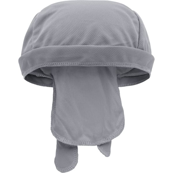 A grey functional bandana hat featuring a mesh top and tails at the back, with a logo present.