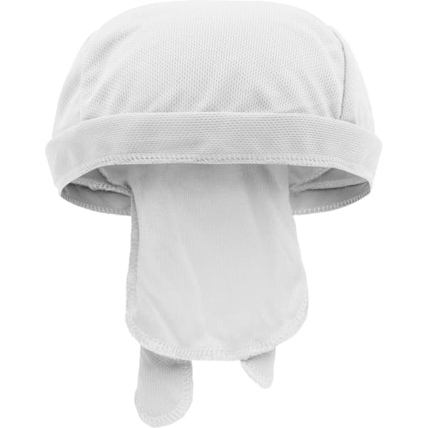 A white functional bandana hat with a breathable mesh design and a long neck flap. It features a logo.