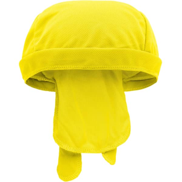 A yellow Functional Bandana Hat with a breathable design and an extended back flap. It features a logo.