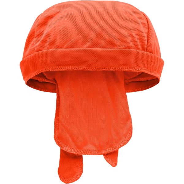 An orange Functional Bandana Hat with a snug fit and extended back for added coverage. Features a logo.