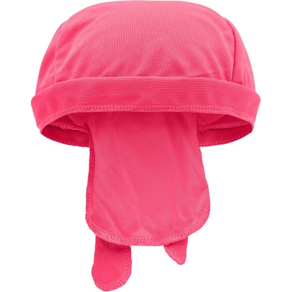 A pink functional bandana hat with a breathable fabric and a long back. It features a logo on the side.