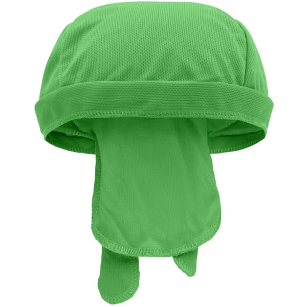 A green Functional Bandana Hat featuring a breathable fabric and a trailing back section. Includes a logo.