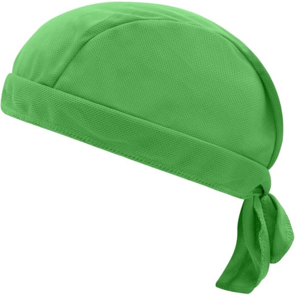A green bandana hat made from breathable material, featuring a tied-back design and a logo.