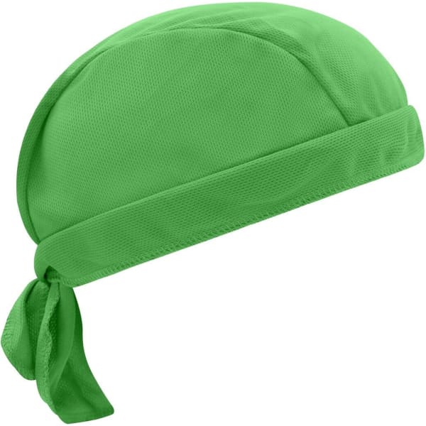 A green Functional Bandana Hat featuring a tied back design, made from breathable fabric. Includes a logo.