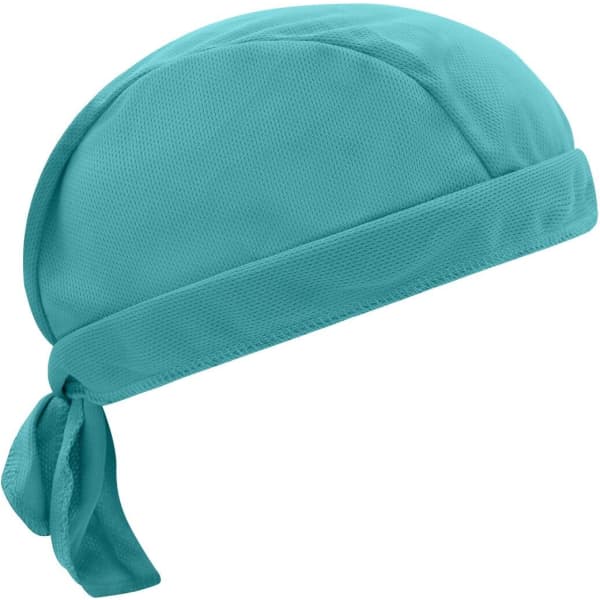 A teal bandana hat made of breathable fabric, featuring a tied design and a smooth finish, with a logo present.