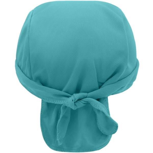 A turquoise bandana hat with a tied back. The fabric has a textured appearance and includes a logo.