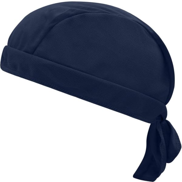 A navy blue bandana hat with a tied back design and a smooth texture. It features a logo on the side.
