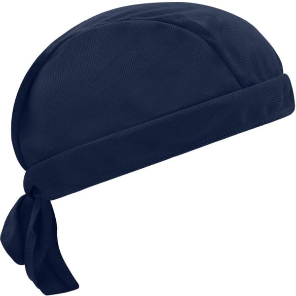 A navy blue functional bandana hat with a tied back design and a logo. Suitable for headwear.