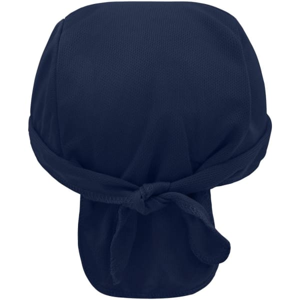 A navy blue bandana hat with a tied back, featuring a smooth fabric and a simple design.