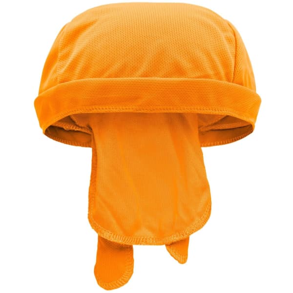 An orange functional bandana hat with a mesh top and long flaps at the back. It features a logo.