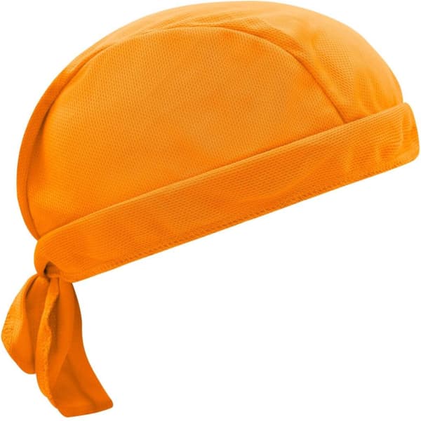 An orange Functional Bandana Hat, featuring a tied bandana design and a textured fabric.