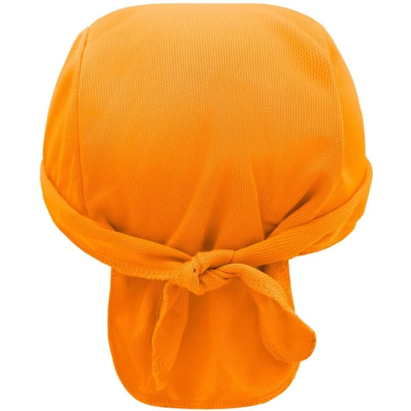 An orange bandana hat with a tied back design, featuring a logo. Perfect for outdoor activities.