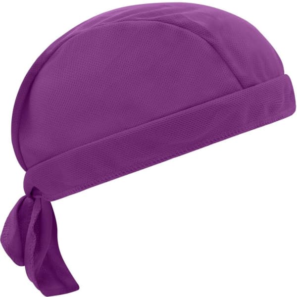 A purple bandana hat with a tied back design and a textured fabric. It features a logo on the side.