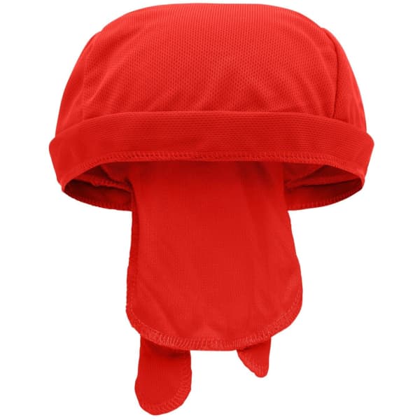 A red Functional Bandana Hat featuring a breathable design and ties at the back. It includes a logo.
