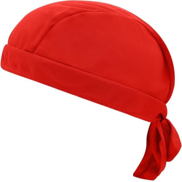 A red Functional Bandana Hat with a tied-back design and a logo on the side.