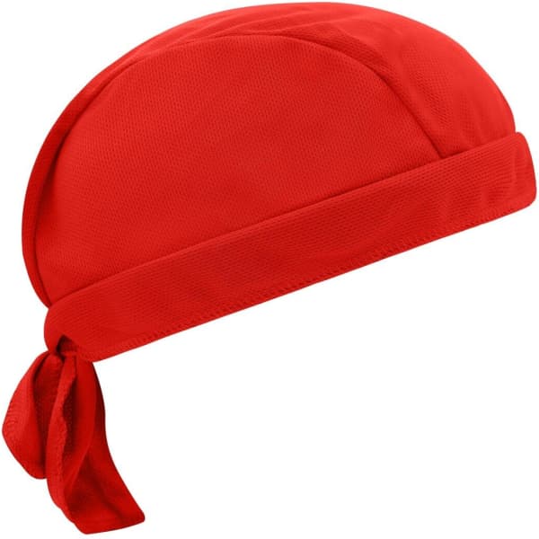 A red Functional Bandana Hat with a tied tail and a smooth finish, featuring a logo. Ideal for headwear use.