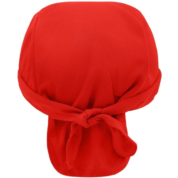 A red bandana hat with a tied back design, featuring a logo on the front.
