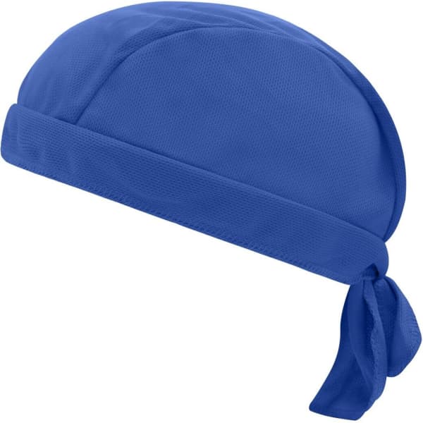 A blue bandana hat featuring a tied back design and an included logo. Ideal for headwear purposes.